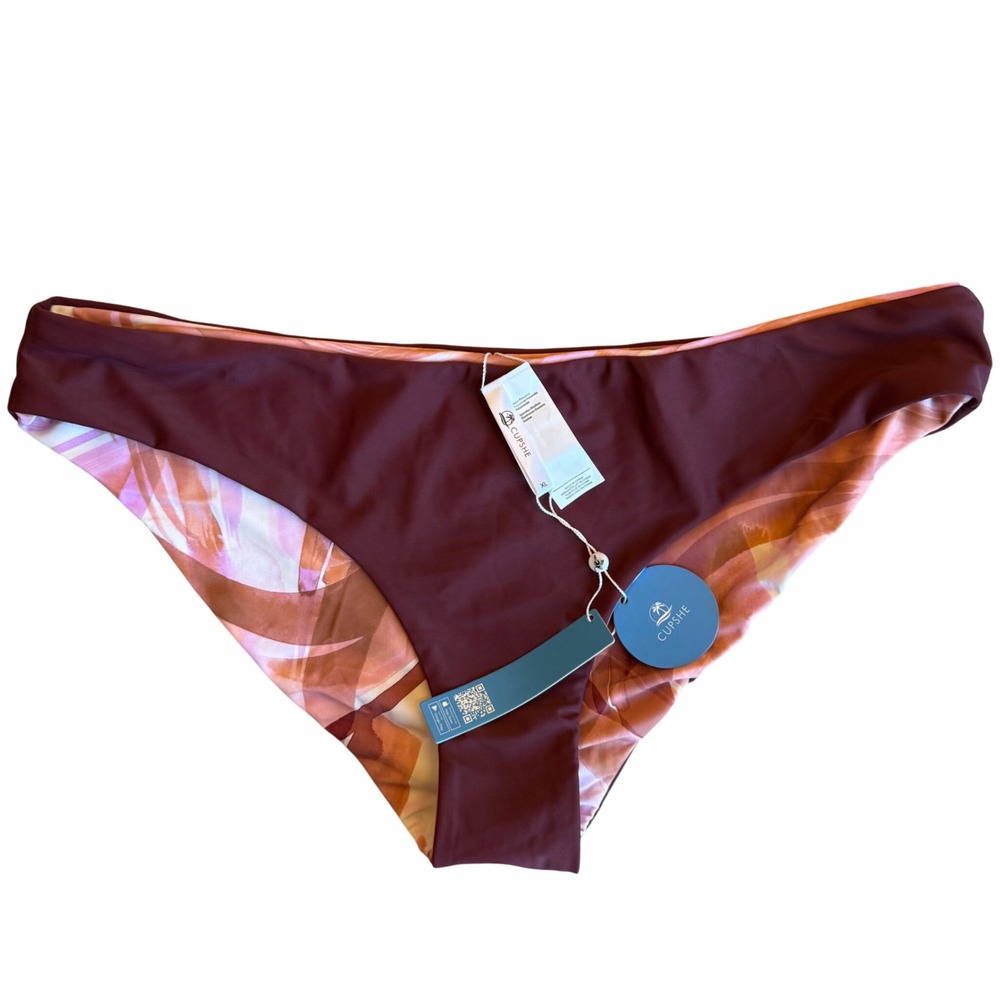 NWT Cupshe Reversible Bikini Bottom Women XL Burgundy Pink Abstract Print Vacay